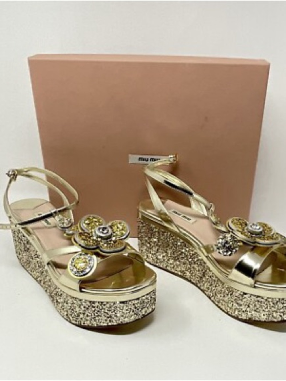 Miu Miu Gold Glitter Floral Platform Sandals